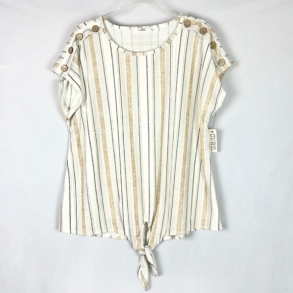 CURE |🍨Cream Beige Striped Buttons Trim Tied-Front Textured Buttons Trim Blouse - Picture 1 of 9